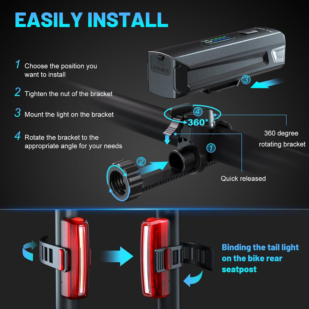APECYC Bike Lights, Rechargeable Bicycle Light for Night Riding, Bike Front Headlight and Back Taillight with 4+5 Light Modes, Waterproof Bike Light Set for Mountain Road & Commuter Cycling