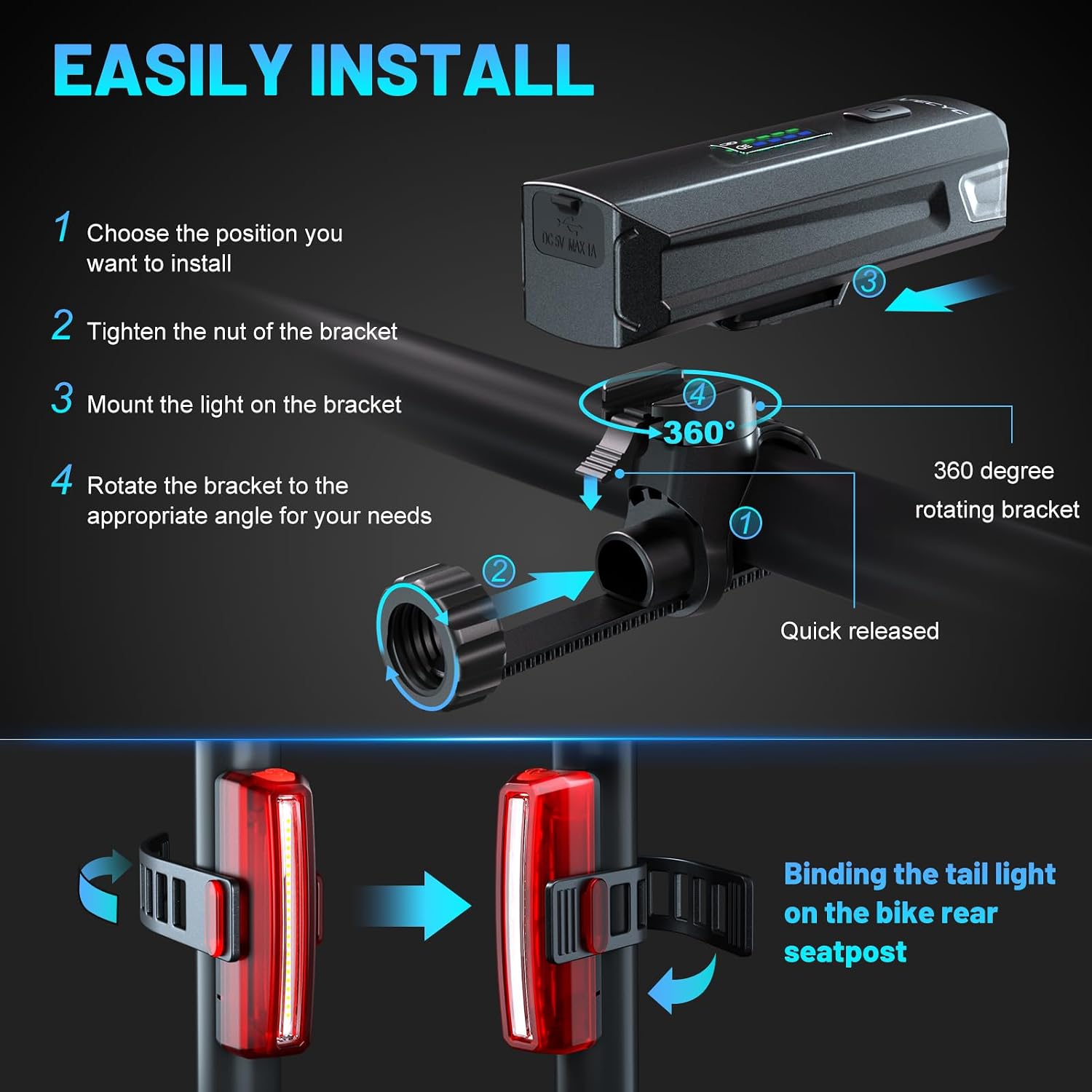 APECYC Bike Lights, Rechargeable Bicycle Light for Night Riding, Bike Front Headlight and Back Taillight with 4+5 Light Modes, Waterproof Bike Light Set for Mountain Road & Commuter Cycling