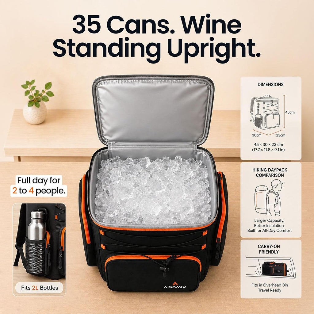 35L Insulated Cooler Backpack (35 Cans) - Leakproof Soft Sided Backpack Cooler with Anti-Theft Pocket & Bottle Opener - Beach, Hiking, Camping, Tailgate - Gift for Men & Women