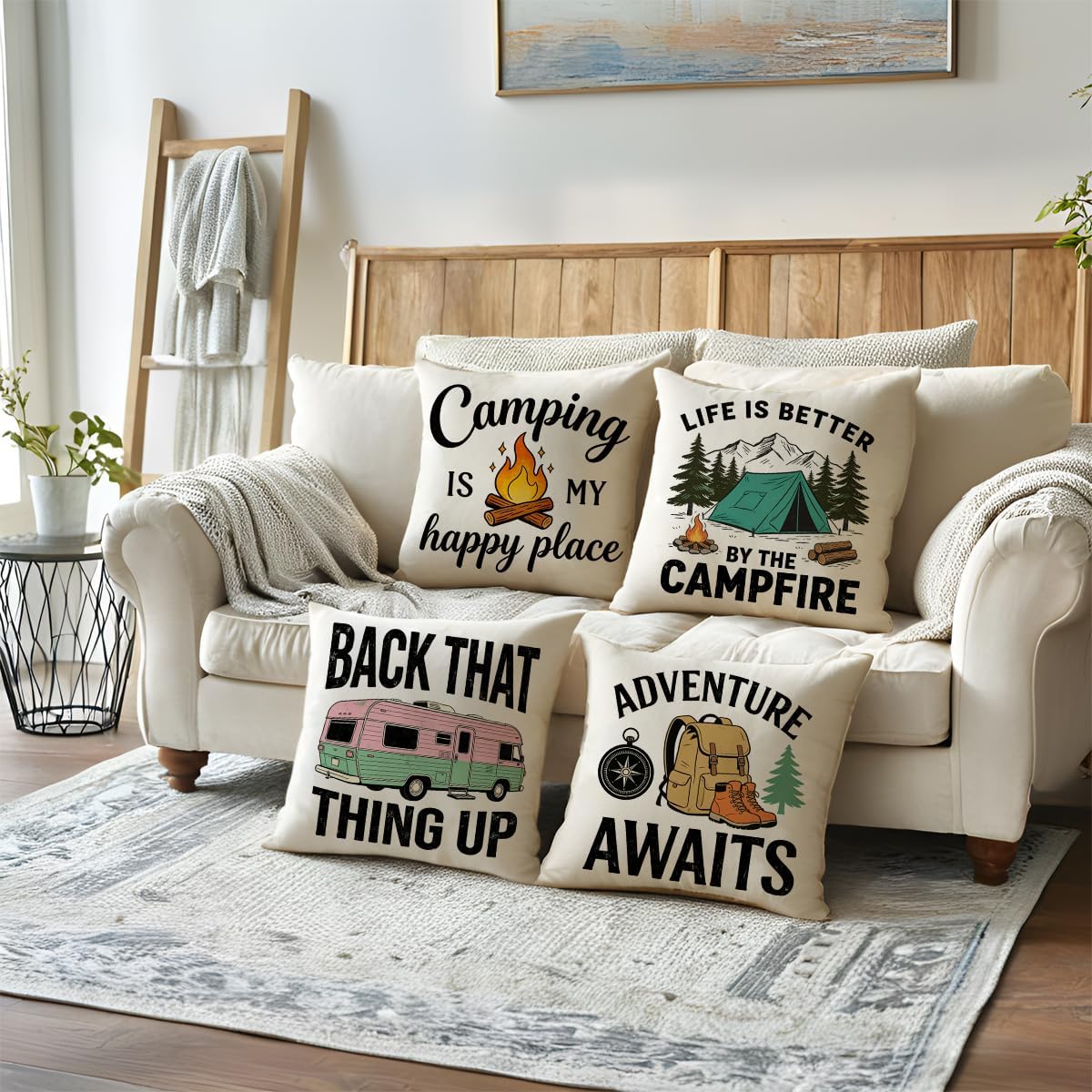 ULOVE LOVE YOURSELF Camping Throw Pillow Covers 4Pack Outdoor Campfire Adventure Decorative Pillowcases Rustic Camper Cushion Covers 18 X 18 Inch for Camper, Cabin Home Decor(Yellow/Green)