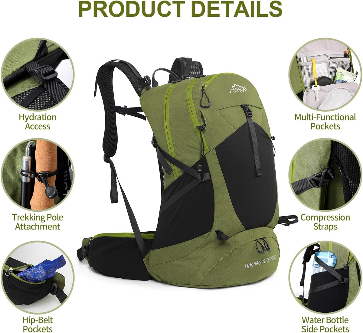 IX INOXTO Hiking Backpack, 26L/40L Waterproof Hiking Daypack with 3L Water Bladder and Rain Cover, Lightweight Travel Camping Backpack for Men Women (Dark Green)