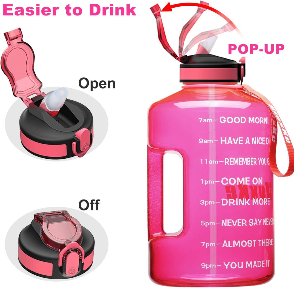SLUXKE 1 Gallon Water Bottle with Time Marker and Straw, BPA Free 128oz Leak Proof Motivational Large Water Bottle Jug with Handle, Pop Up Open Sports Big Bottle Jug with Comfortable Silicone Nozzle