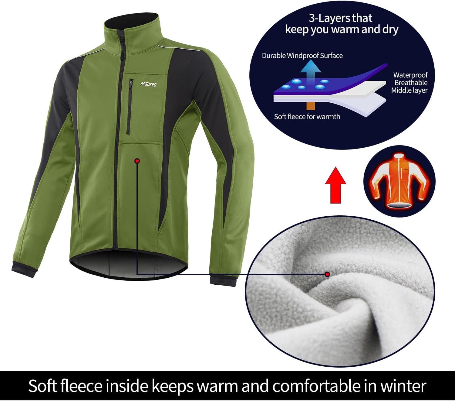 ARSUXEO Winter Warm UP Thermal Softshell Cycling Jacket Windproof Waterproof 15-k