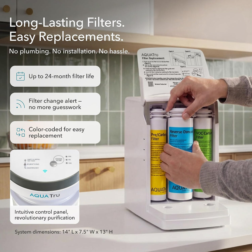 AquaTru Glass Carafe Smart Countertop Reverse Osmosis Water Purifier | WiFi Connected RO System | Removes 84 Contaminants Including PFOA + PFOS (PFAS), Lead and Microplastics | No Plumbing Required