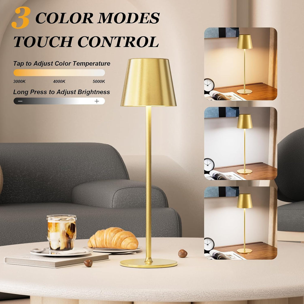 Cordless Table Lamp Rechargeable Gold - KK 2 Pack 5000mAH Battery Operated Lamp for Dining Table, 3 Color Stepless Dimming Wireless Lamp for Counter, Outdoor Patio, Touch Control, Water Repellent