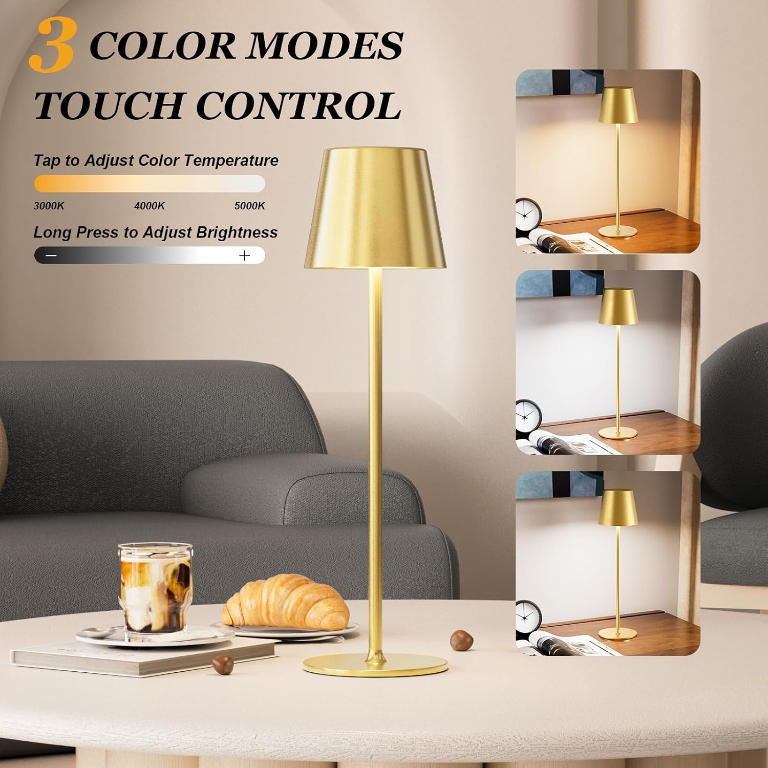 Cordless Table Lamp Rechargeable Gold - KK 2 Pack 5000mAH Battery Operated Lamp for Dining Table, 3 Color Stepless Dimming Wireless Lamp for Counter, Outdoor Patio, Touch Control, Water Repellent