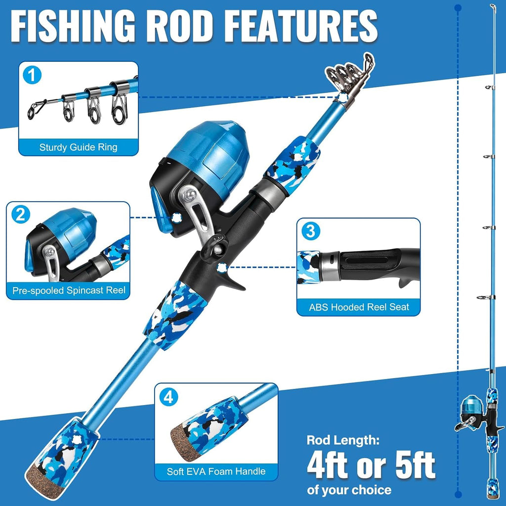 PLUSINNO Kids Fishing Pole with Spincast Reel Telescopic Fishing Rod Combo Full Kits for Boys, Girls, and Adults