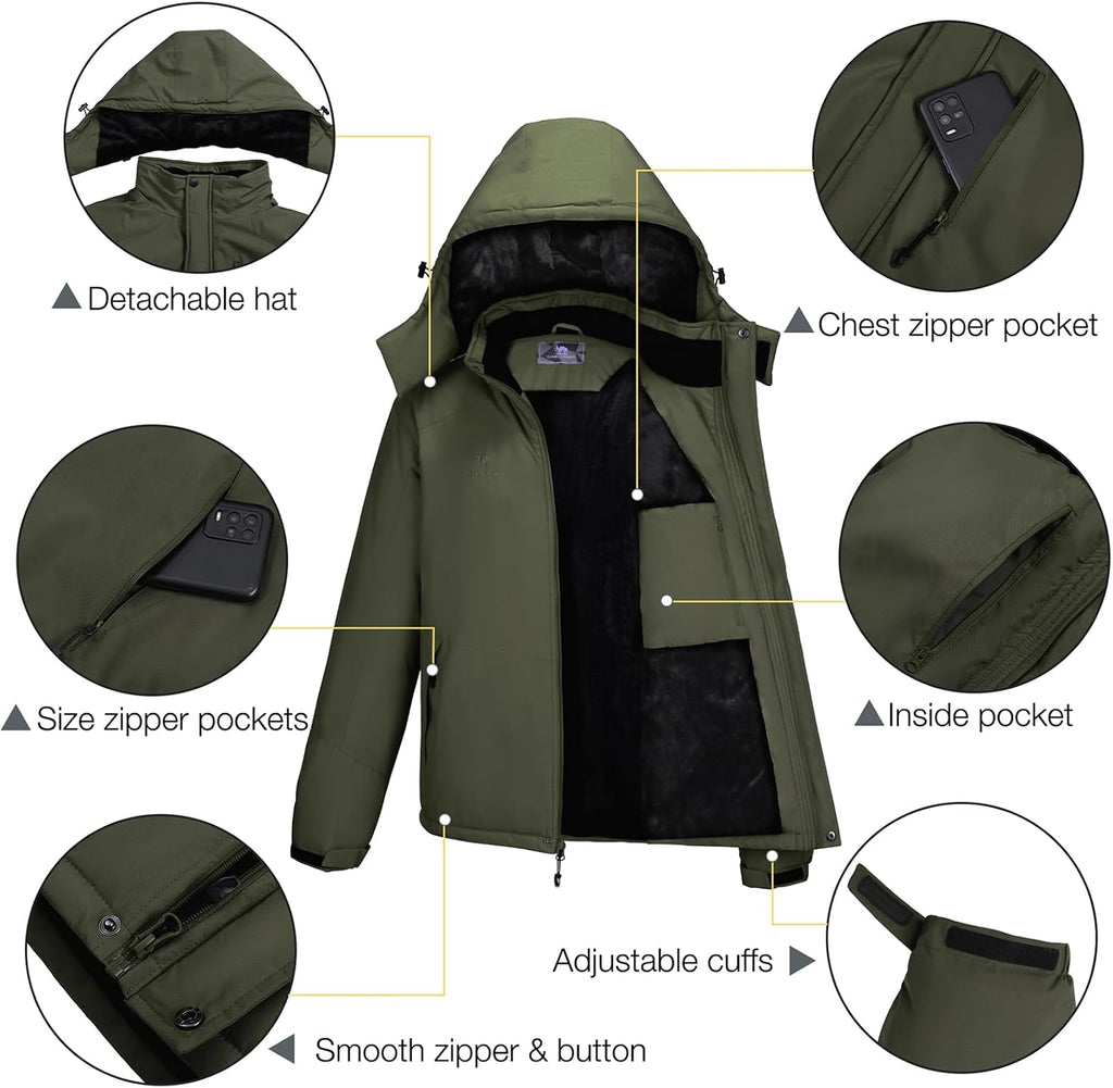 CAMELSPORTS Mens Winter Jacket Waterproof Warm Snow Ski Jackets Faux Fur Fleece Rain Coats with Removable Hood