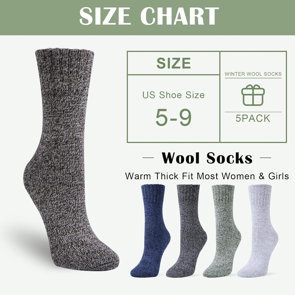Senker Fashion Wool Socks for Women, 5 Pairs Winter Warm Crew Boot Socks