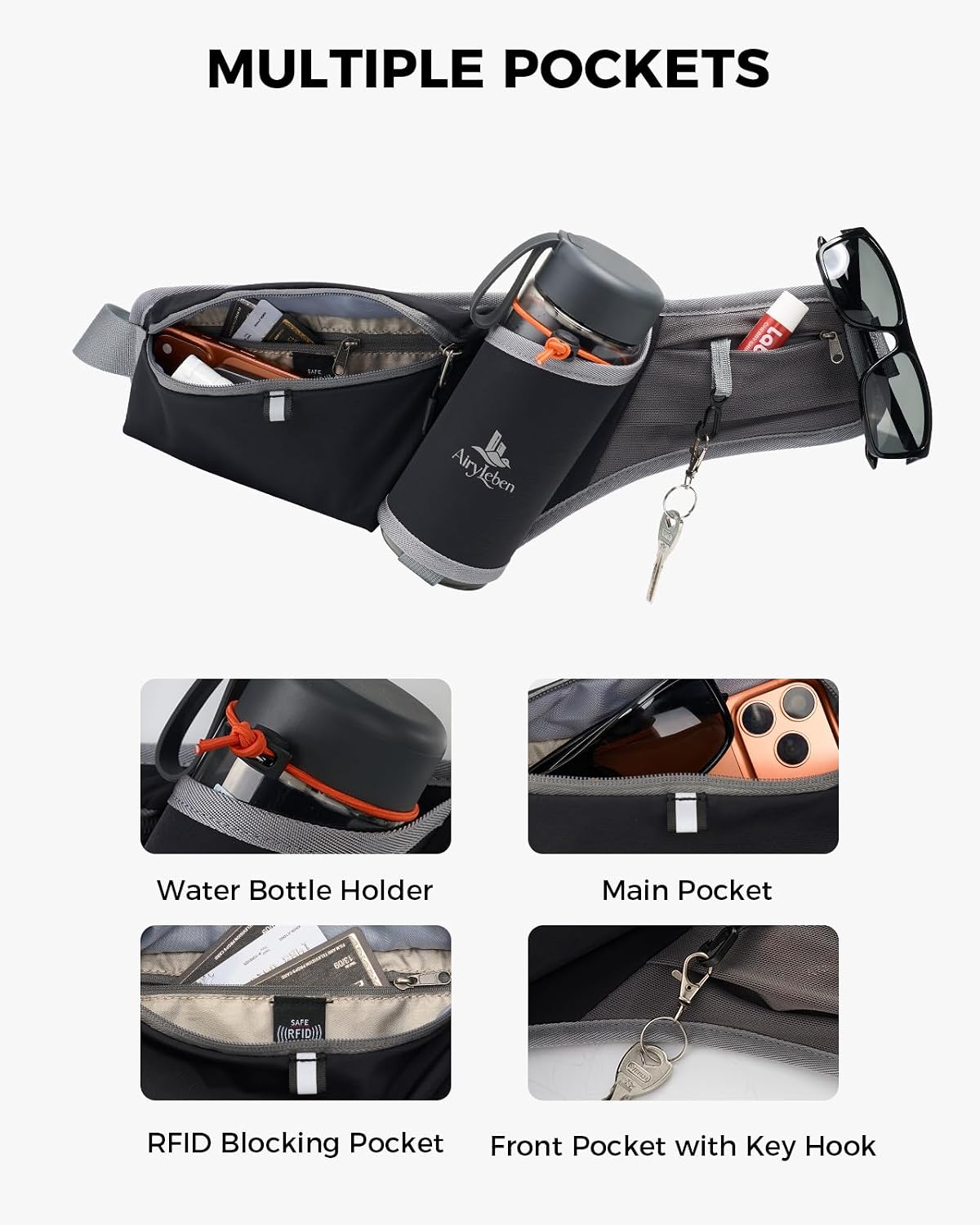 Fanny Pack with Water Bottle Holder, RFID Blocking Running Belt Bag