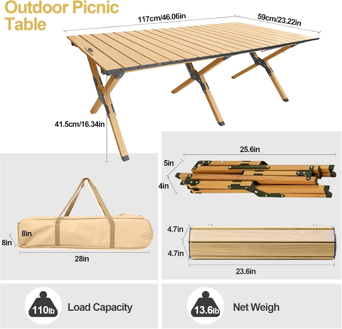 Folding Camping Table, Roll-Up Folding Table with Carry Bag, Portable Aluminum Picnic Table, Low Height Beach Table for Outdoor Use, Travel, BBQ & Hiking, Easy Assembly (Natural)