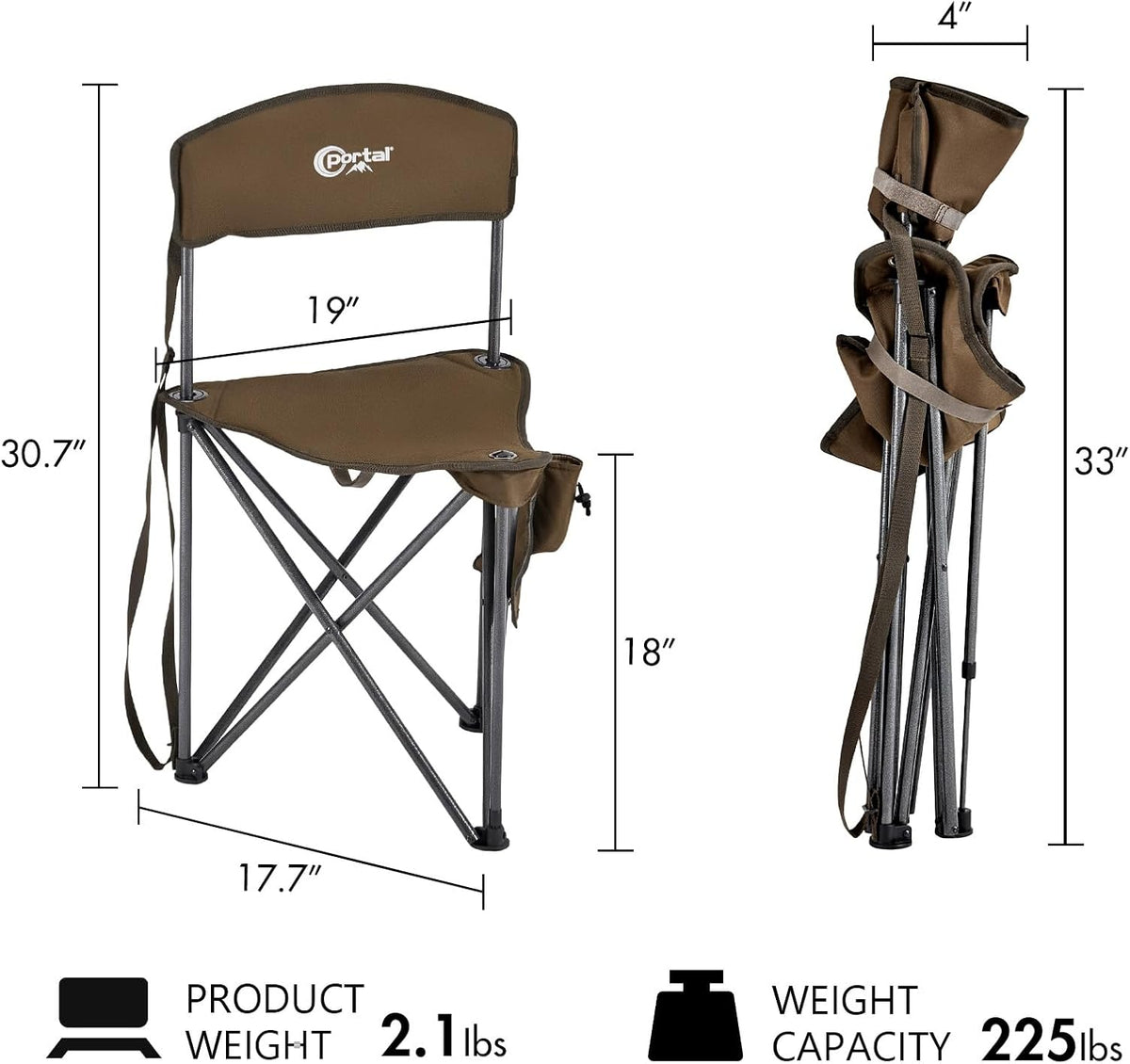 Portal Extra Large Quick Folding Tripod Stool with Backrest Fishing Camping Chair with Carry Strap