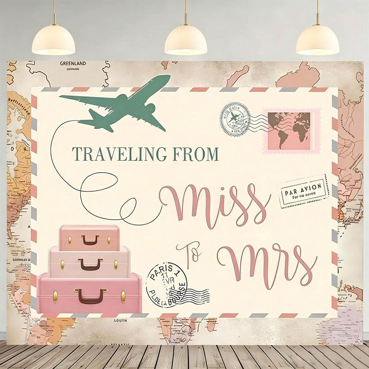 Traveling from Miss to Mrs Photography Background Postcard Suitcases Travel Adventure Begin Backdrop Bridal Shower Wedding Supplies Baby Shower Party Decorations (7X5FT)