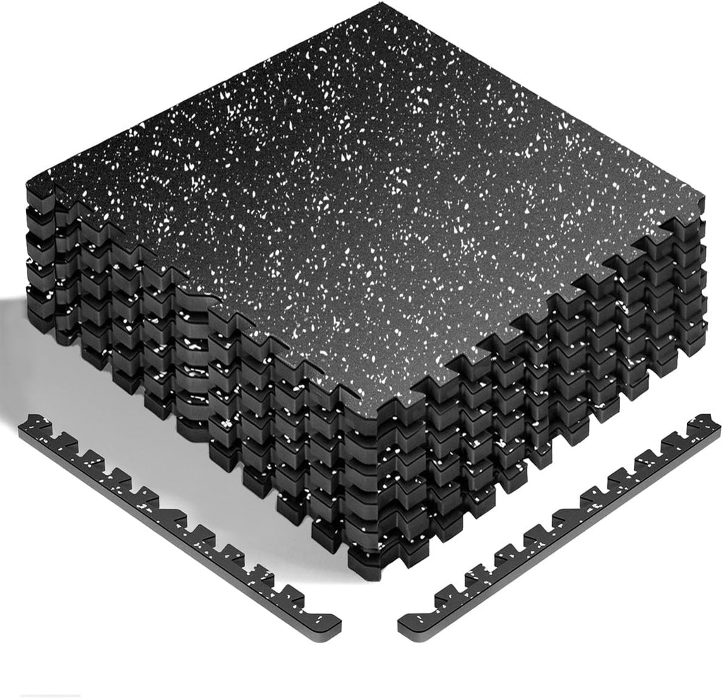 HAPBEAR 0.56'' Thick 12 Pcs 48 Sq Ft Exercise Equipment Mats - High-Density Rubber Top EVA Foam Interlocking Mats, 24x24in Tiles, Heavy-Duty Treadmill Mat for Hardwood Floors, Home Gym Mat