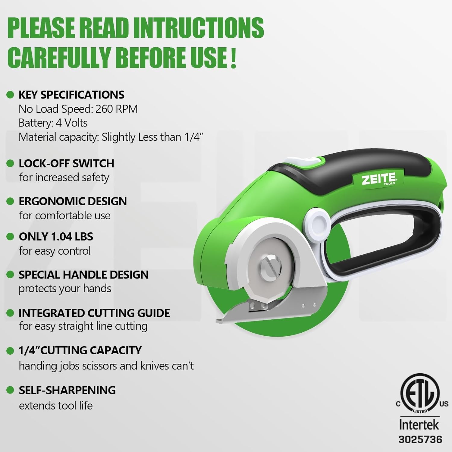 ZEITE 4V Cardboard Box Cutter,Cordless Electric Scissors,Max Cutting 1/4",Ideal for Cardboard,Thin Carpet & Plastic Recycling,Easy to Hold and Safe,Green