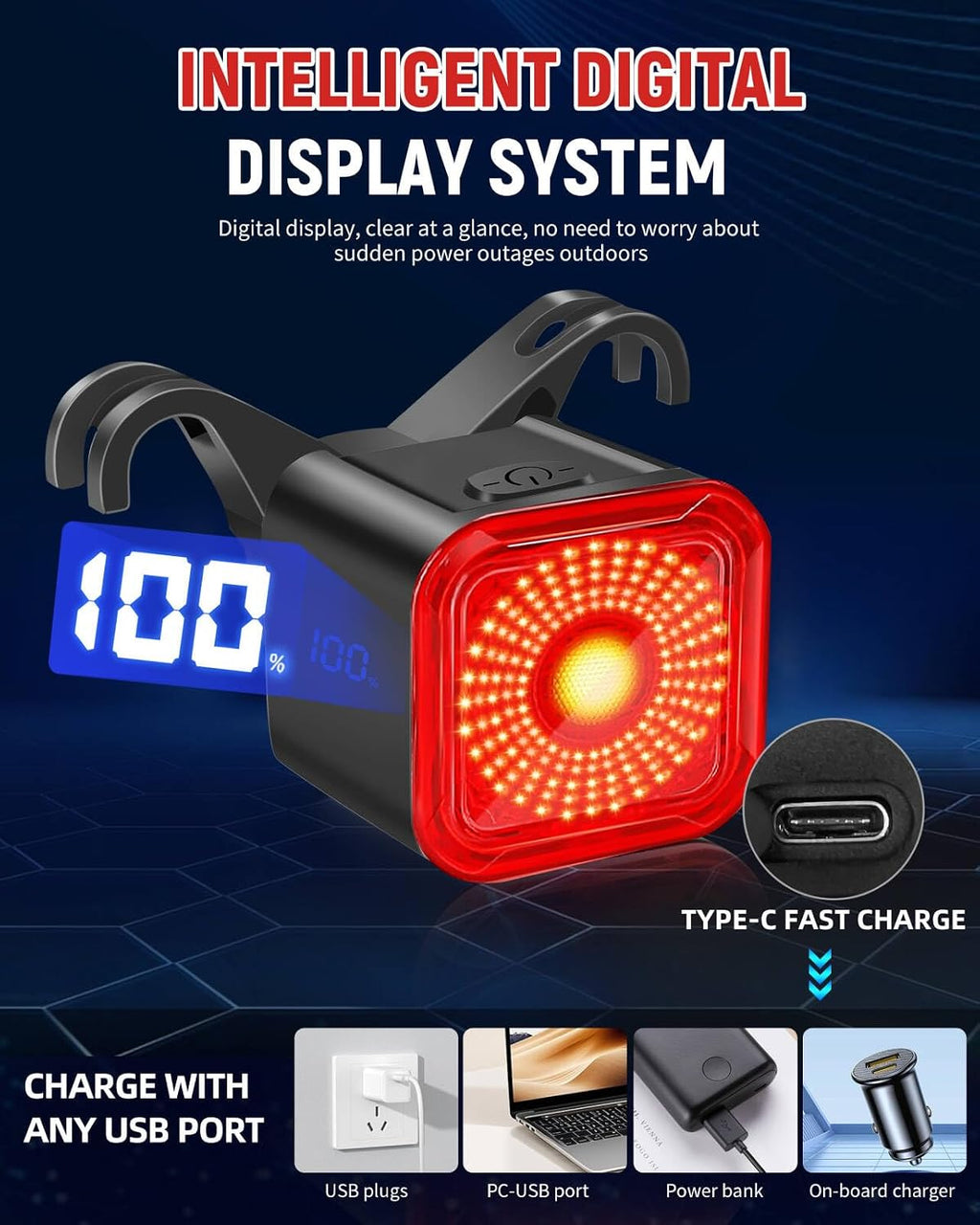 DARKBEAM Bike Tail Light with LED Display Screen, USB-C Rechargeable