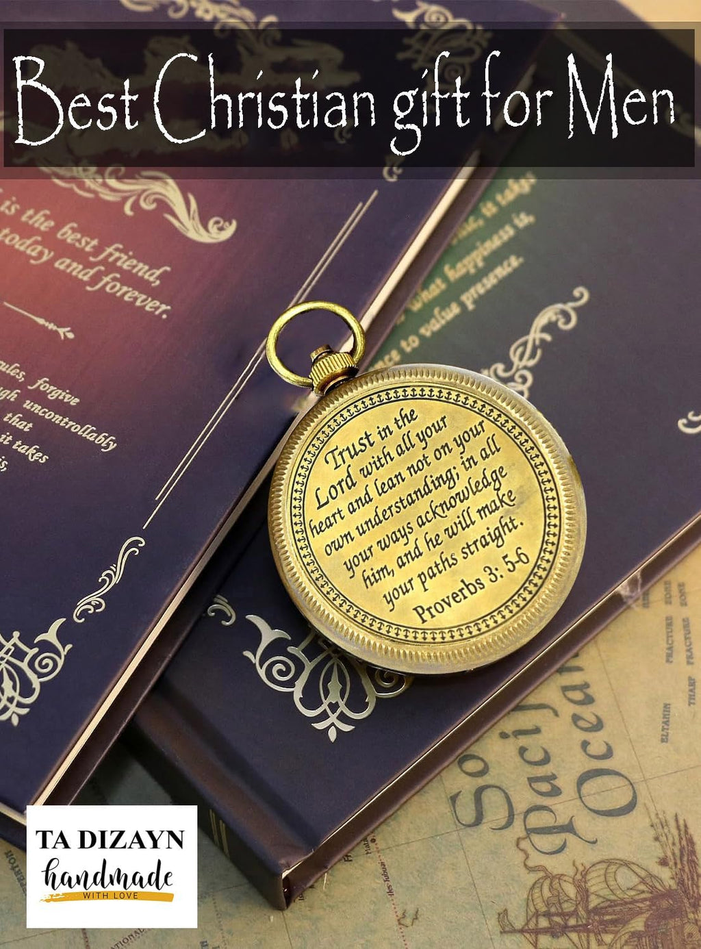 Trust in The Lord With All Your Heart - Proverbs 3:5-6 Quote Engraved Compass With Wooden Box, Greeting Card, Gift Compass, Graduation Day Gifts 2024 for Women Men Boys Girls