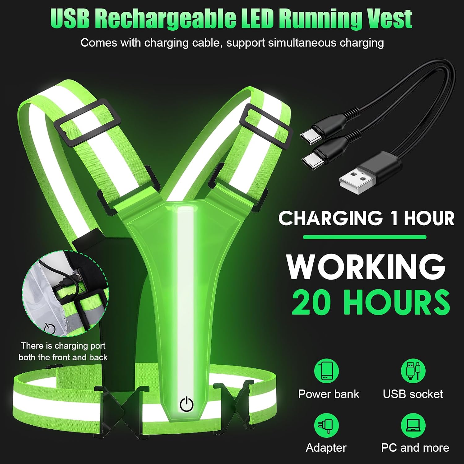 LED Reflective Vest Running Gear 5 Colors Light Up Reflective Running Vest