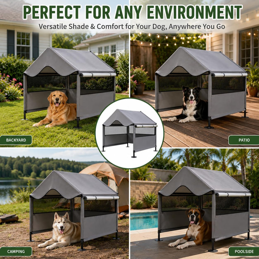 Extra Large Dog Shade Shelter Canopy with UV Protection, Big Dog House Outside, Outdoor Dog Tent with Three-Sided Breathable Mesh Windows, Gray Sun Rain Cover for Pet Sheep Goat 4'x 4'x 3.3'