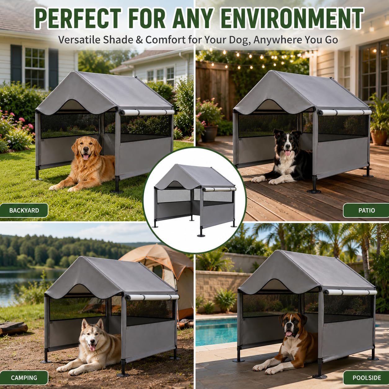 Extra Large Dog Shade Shelter Canopy with UV Protection, Big Dog House Outside, Outdoor Dog Tent with Three-Sided Breathable Mesh Windows, Gray Sun Rain Cover for Pet Sheep Goat 4'x 4'x 3.3'