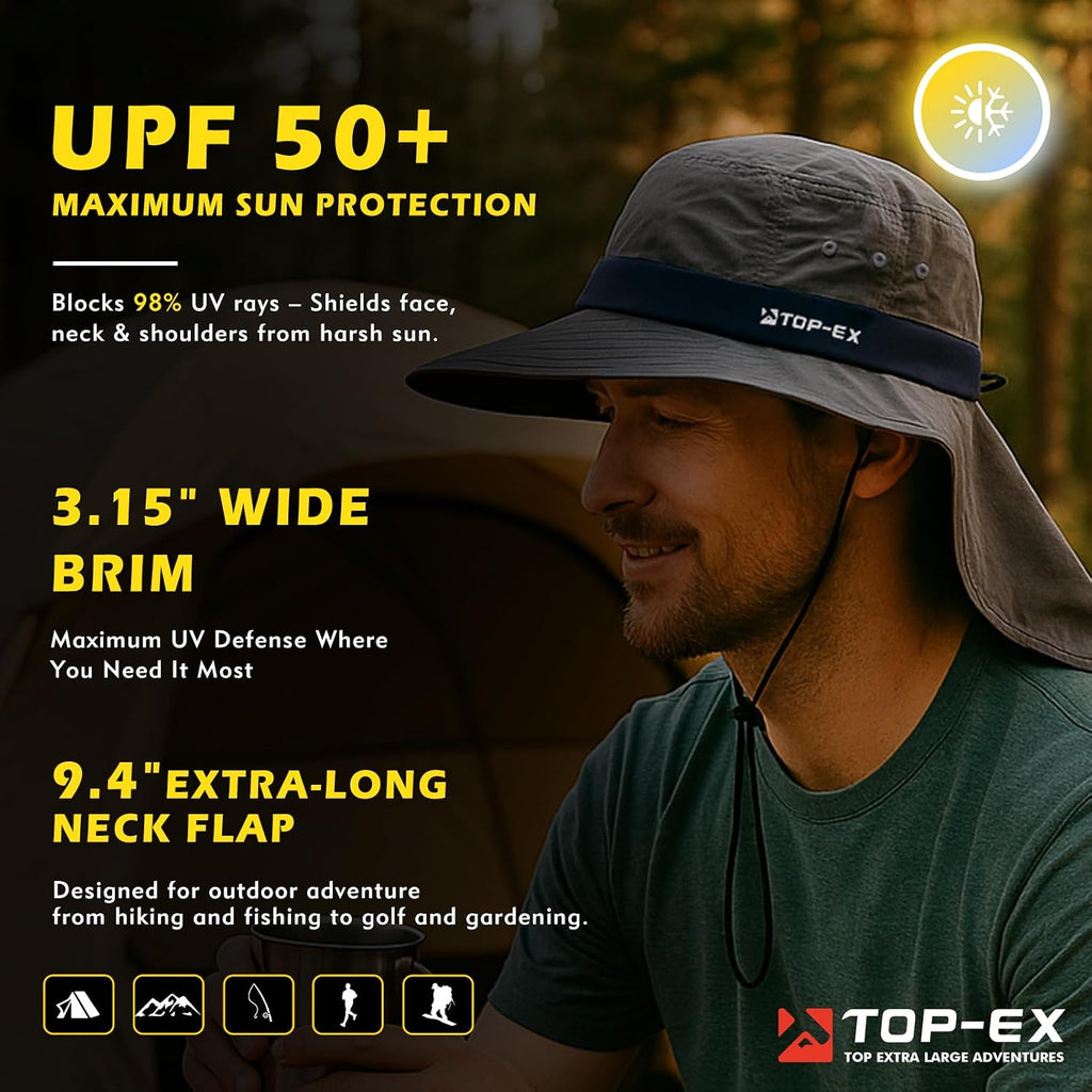 TOP-EX UPF 50+ Cooling Wide Brim Sun Hat for Men with Neck Flap, Packable