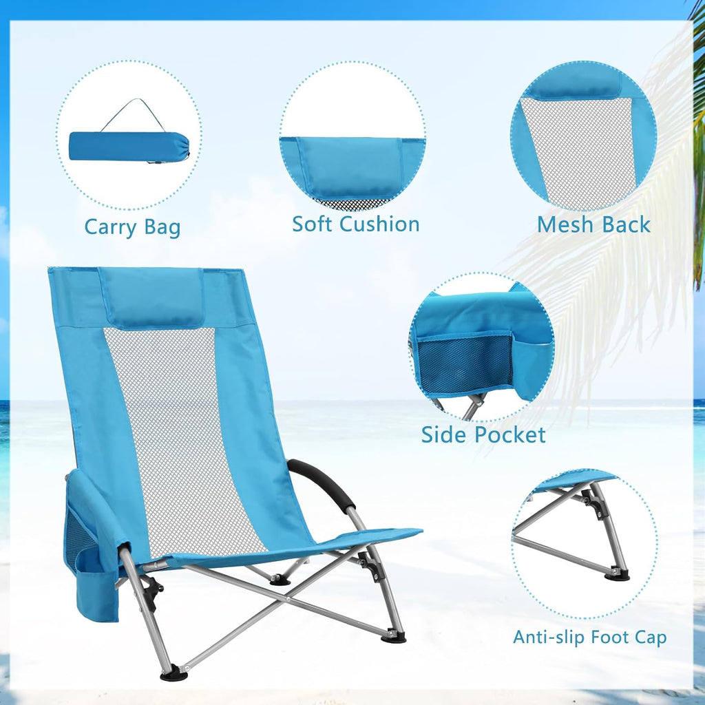 High Back Beach Chairs,2Pack Protable Folding Chair for Adults,Foding Camping Chairs with Carry Bag Cup Holder for Beach,Fishing Outside（Bue）