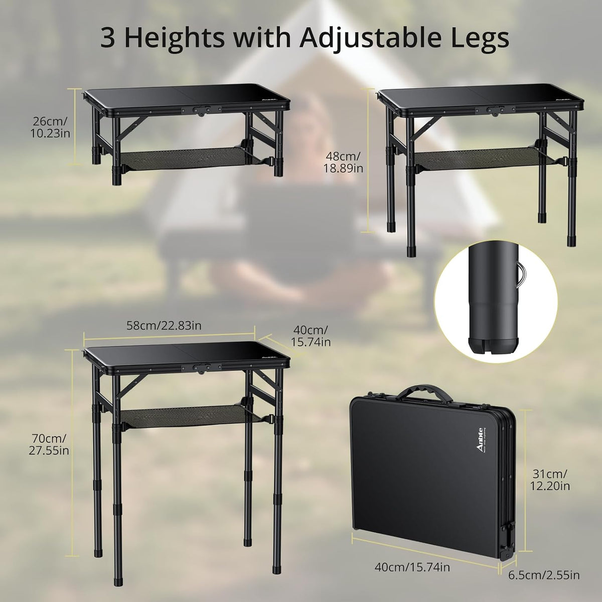 Anbte 2 ft Small Folding Table, 3 Adjustable Height for Camping, 23" X 16"