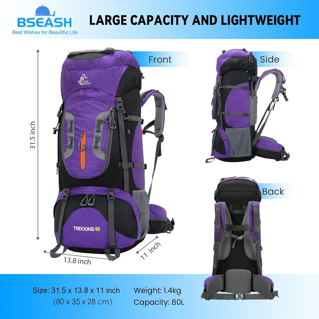 Bseash 80L Waterproof Hiking Camping Backpack with Rain Cover, Lightweight Outdoor Sport Travel Daypack for Climbing Touring