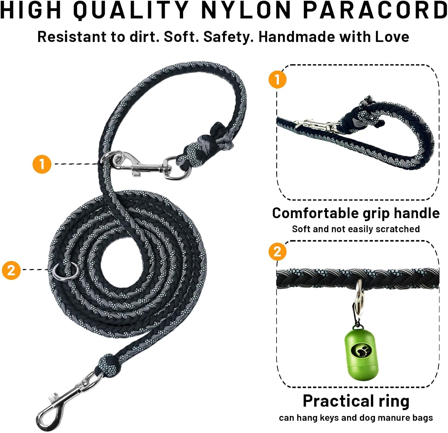 Paracord Dog Collar and Leash Set, Black Skull, 14"-20"