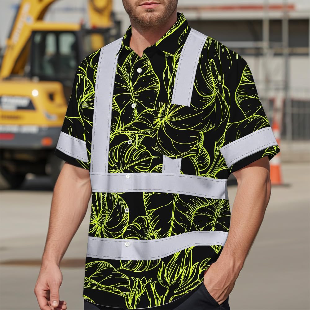 High Visibility Hawaiian Shirt for Men Tropical Shirts Custom Name Floral Outfit Reflective Safety Workwear