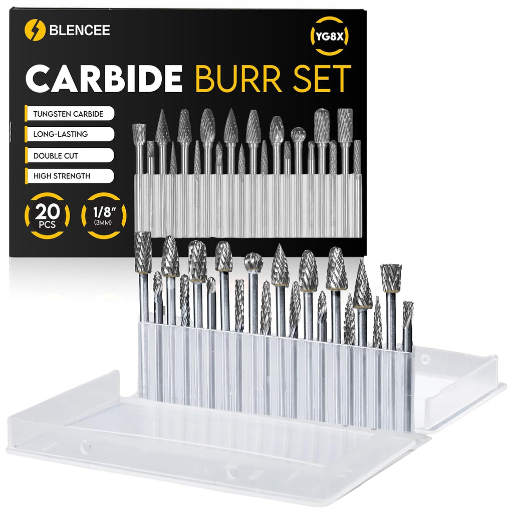 20Pcs Carbide Burr Set - 1/8" Shank Tungsten Die Grinder Bits, Double Cut - Compatible with Dremel & Milwaukee - Cutting, Engraving, Deburring - Rasp Accessories - Metal, Steel, Aluminum