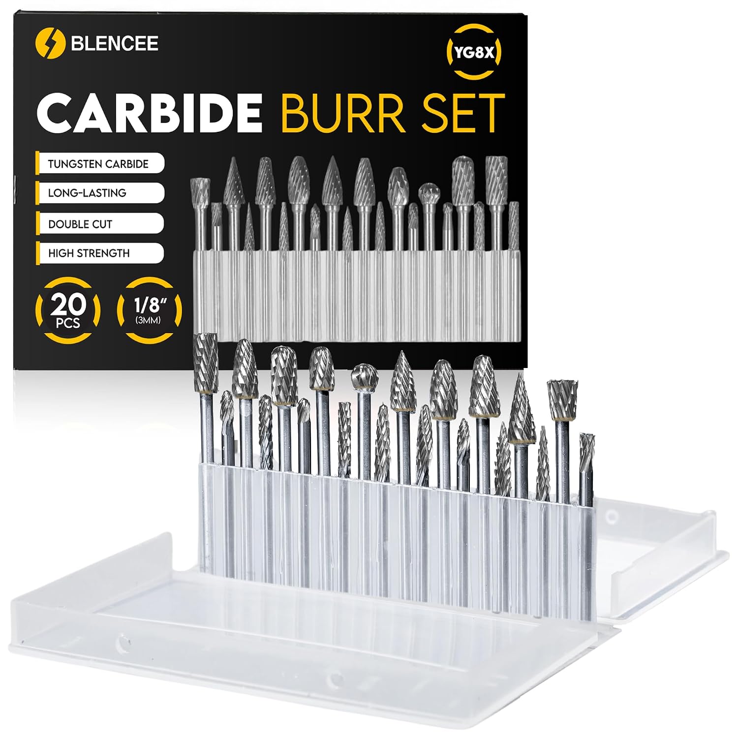 20Pcs Carbide Burr Set - 1/8" Shank Tungsten Die Grinder Bits, Double Cut - Compatible with Dremel & Milwaukee - Cutting, Engraving, Deburring - Rasp Accessories - Metal, Steel, Aluminum