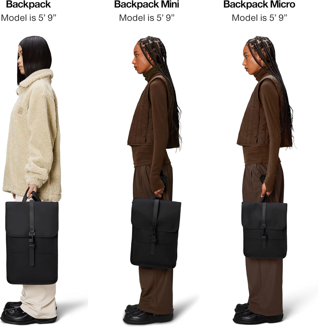 RAINS Backpack Mini, Black Waterproof Laptop Bag for Women and Men, Small