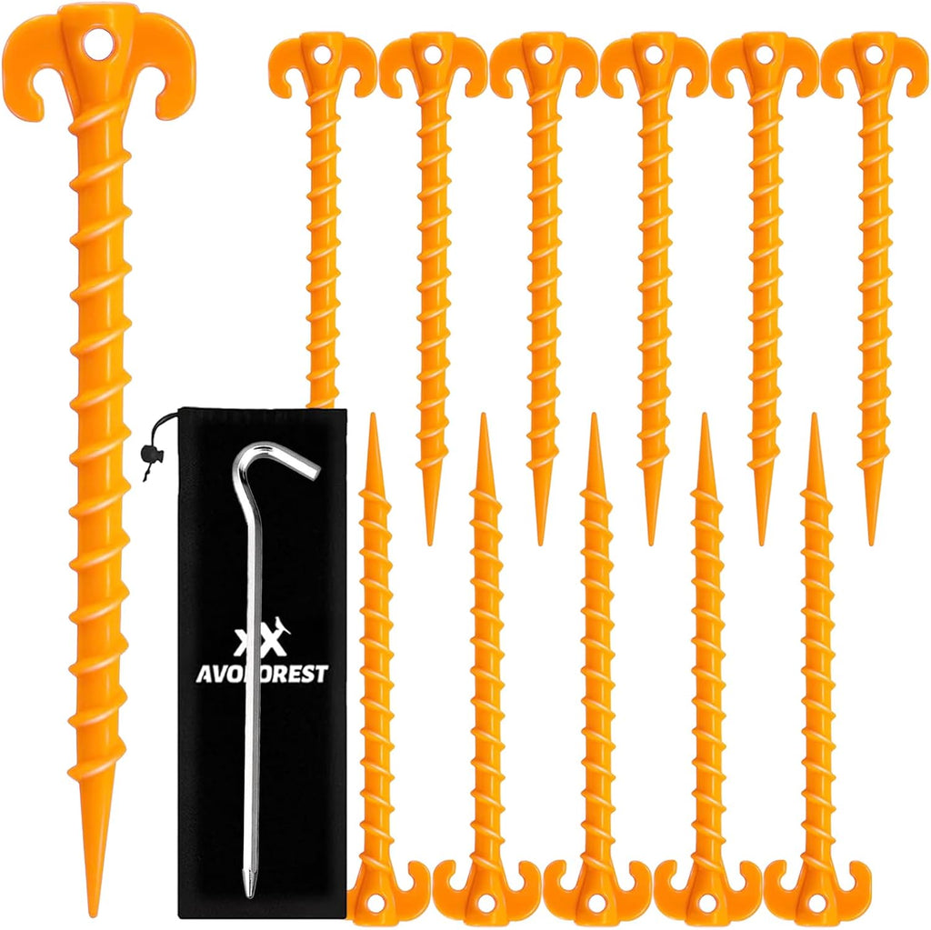 AOVFOREST 20 Pack Screw in Tent Stakes Heavy Duty, 8 Inch Ground Anchors Screw in, Metal Threaded Camping Stakes with Hex Head Driver, Shatterproof Large Head Pegs for Canopies,Inflatables,Tents
