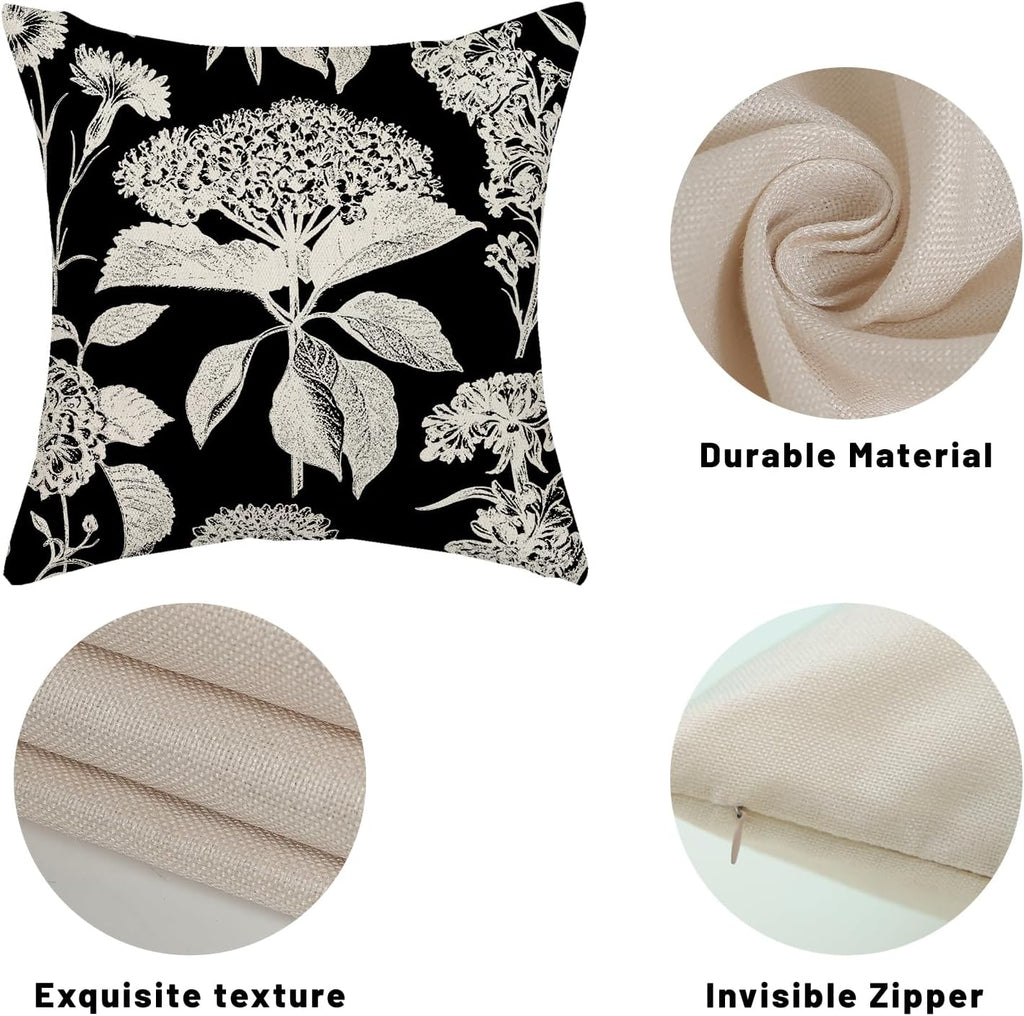 Vintage Floral Pillow Covers 18x18 Inch 2 Pcs Boho Black Hydrangea Flower Decor Throw Pillows Spring Summer Seasonal Outdoor Farmhouse Decoration Pillowcase Linen Cushion Cover for Couch