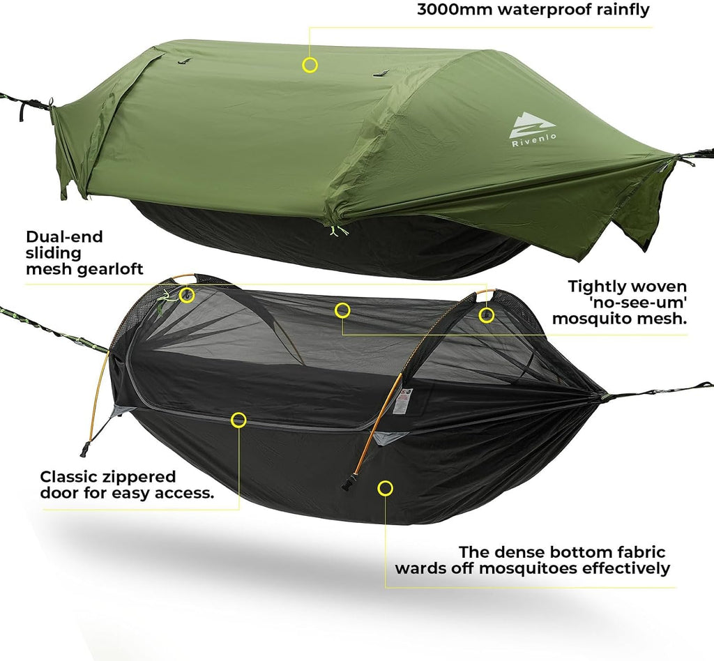 Camping Hammock Tent with Mosquito Net & RainFly, 3 in 1 Waterproof Portable Sleeping Hammock Bug Backpacker Lightweight Outdoor Gear Swing for Hiking Travel Patio Expedition(Dark Green)