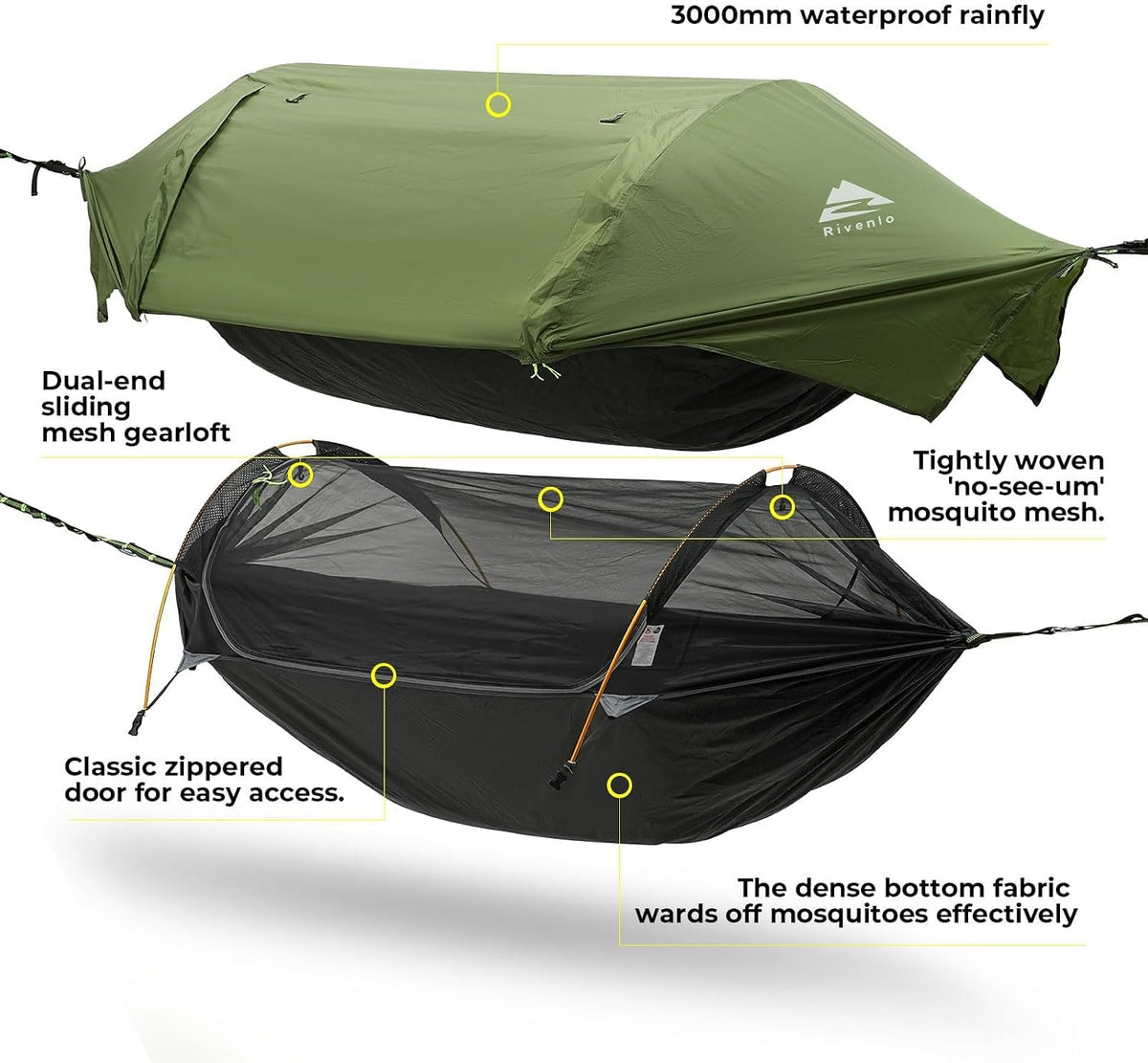 Camping Hammock Tent with Mosquito Net & RainFly, 3 in 1 Waterproof Portable Sleeping Hammock Bug Backpacker Lightweight Outdoor Gear Swing for Hiking Travel Patio Expedition(Dark Green)