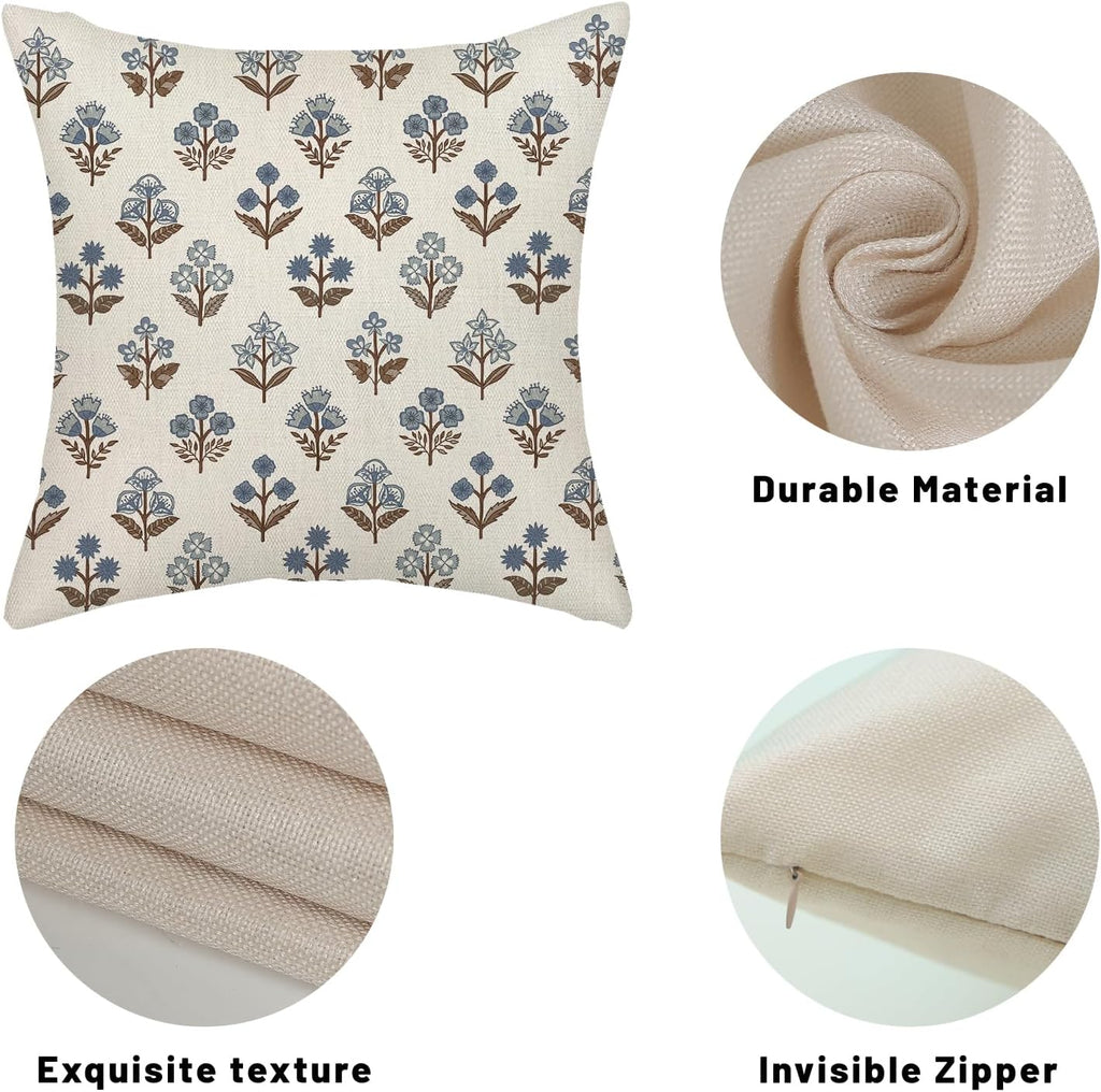 Blue Brown Pillow Covers 18x18 Inch 2 Pcs Block Print Vintage Floral Decor Throw Pillows Boho Flower Spring Summer Outdoor Seasonal Decoration Pillowcase Linen Cushion Cover for Couch Sofa
