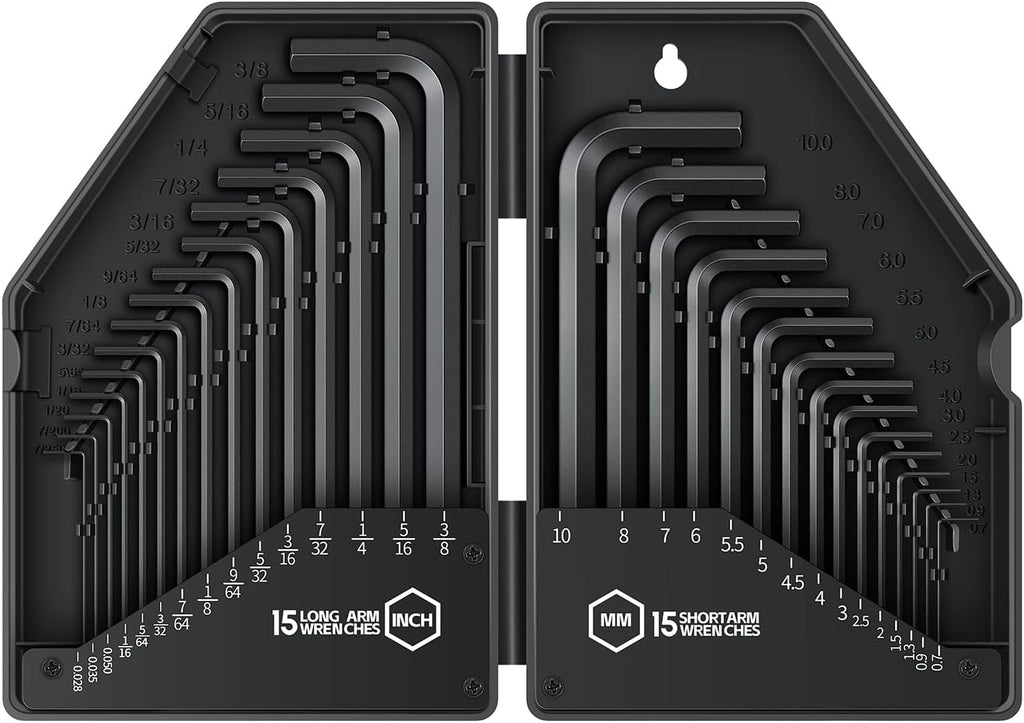 Reniteco 30 PCS Hex Head Key Allen Wrench Tool Set Organizer Kit Alloy Steel L Shape Black Metric (0.7-10 mm) SAE (0.028"-3/8") Standard In Storage Case Long Short Arm