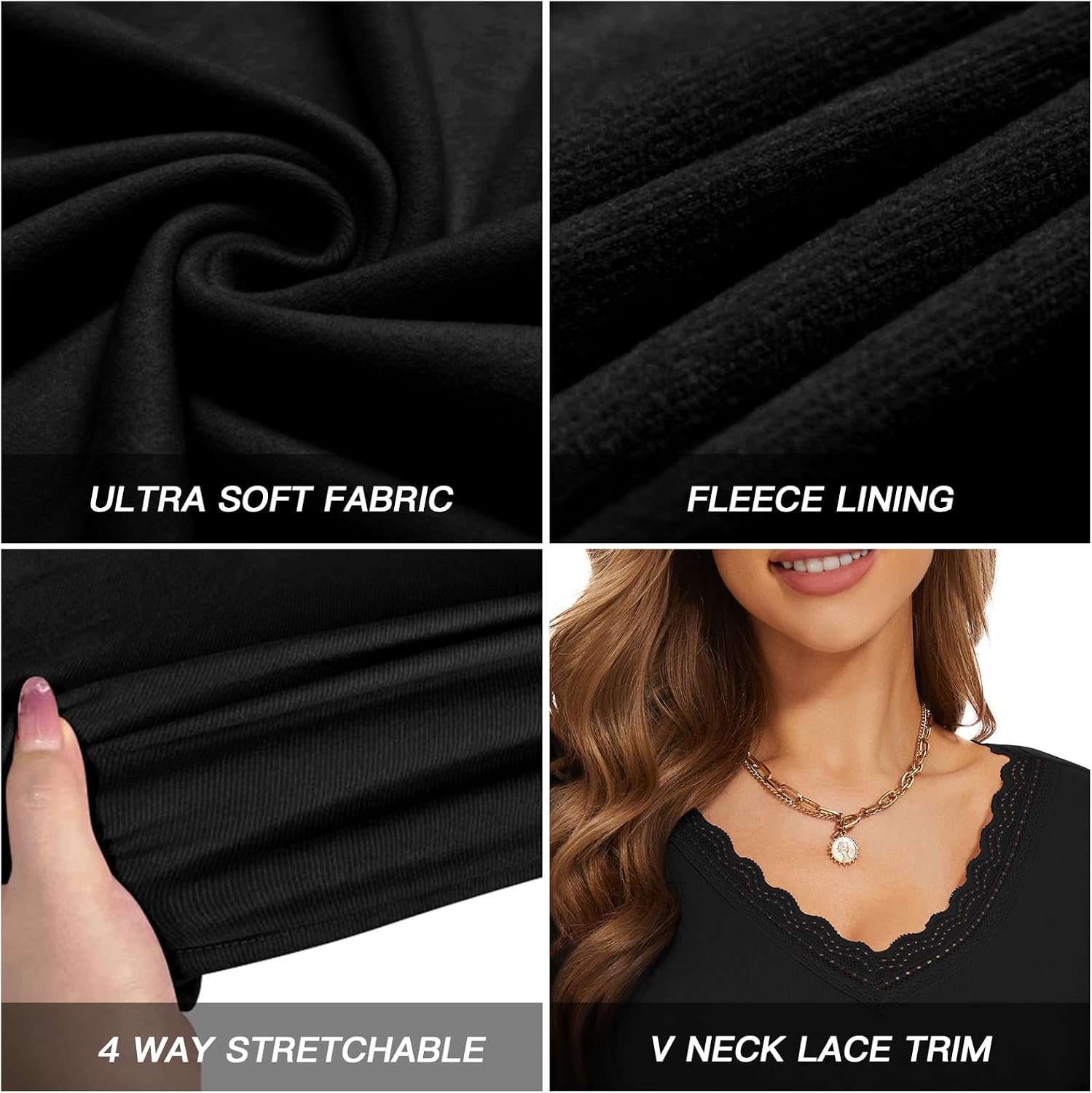 WOWENY Women Thermal Long Sleeve Shirt Fleece Lined Basic Fitted Tops Lace V Neck Undershirts Winter Tight Base Layer