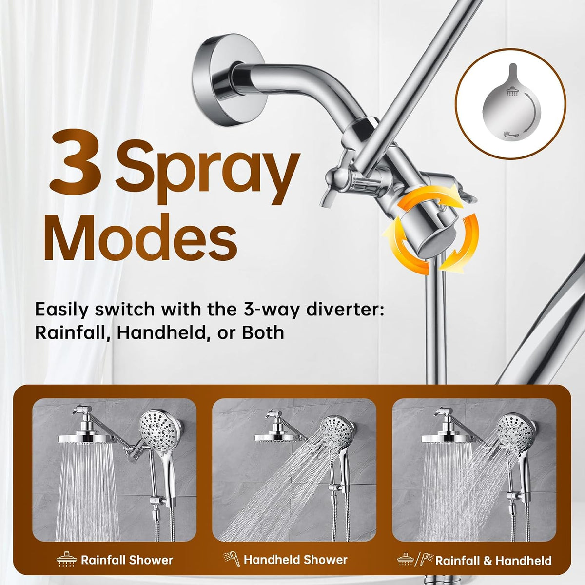 BRIGHT SHOWERS Rain Shower Head with Handheld Spray Built-in Power Wash, High Pressure Dual Shower Head with Height Adjustable Extension Arm, 3-Way Diverter, 9 Settings Handheld, 69” Long Hose, Chrome