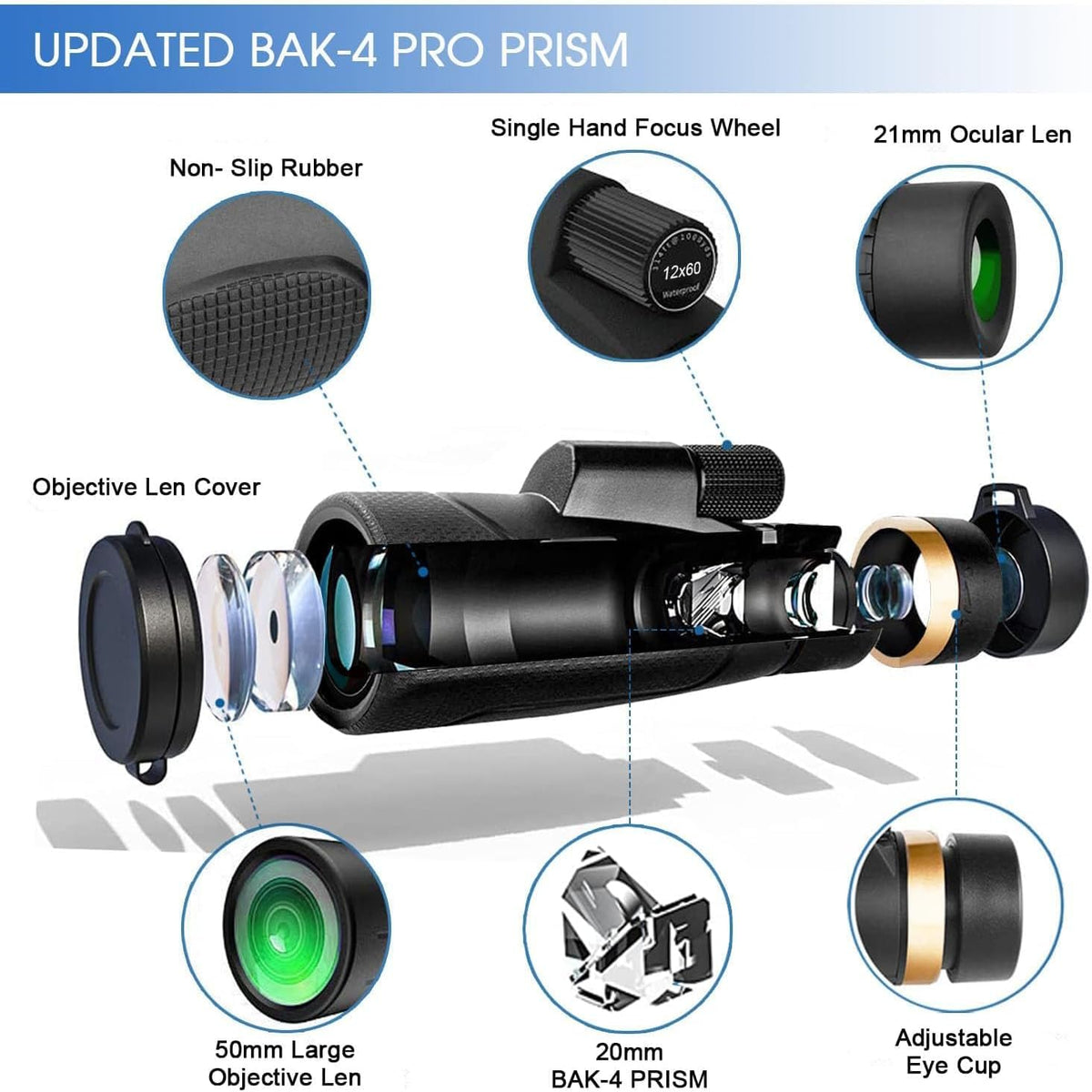 12x Monocular Telescope for Adults, 50mm Objective Lens BAK4 Prism Compact Scope with One-Hand Focus for Bird Watching, Hiking, Camping, Sports and Concerts(Black)