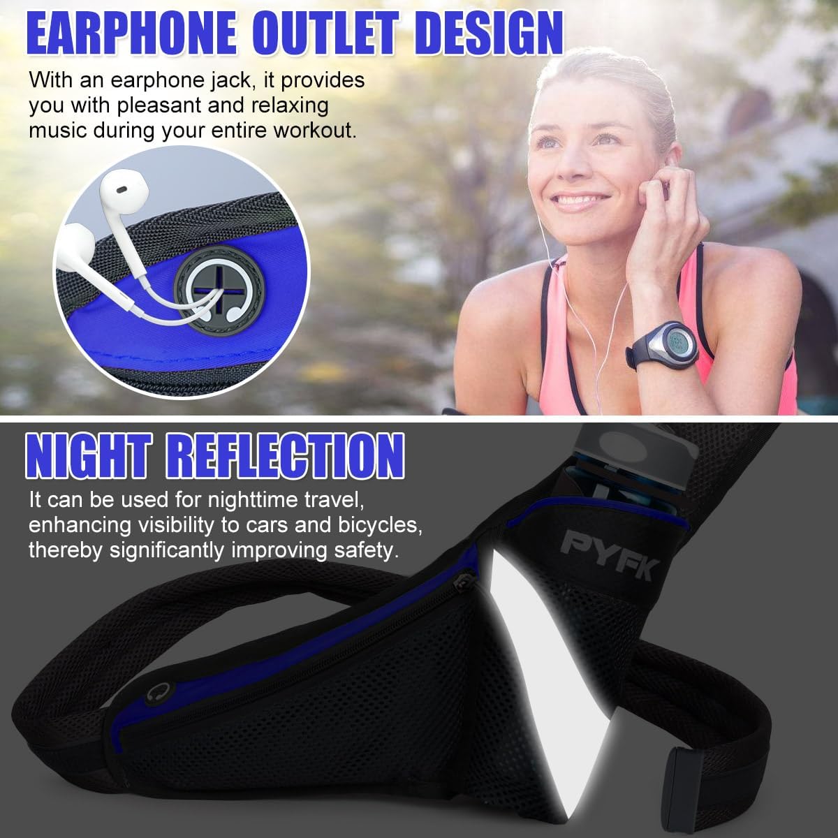 PYFK Running Belt Hydration Waist Pack with Water Bottle Holder for Men Women Waist Pouch Fanny Bag Reflective