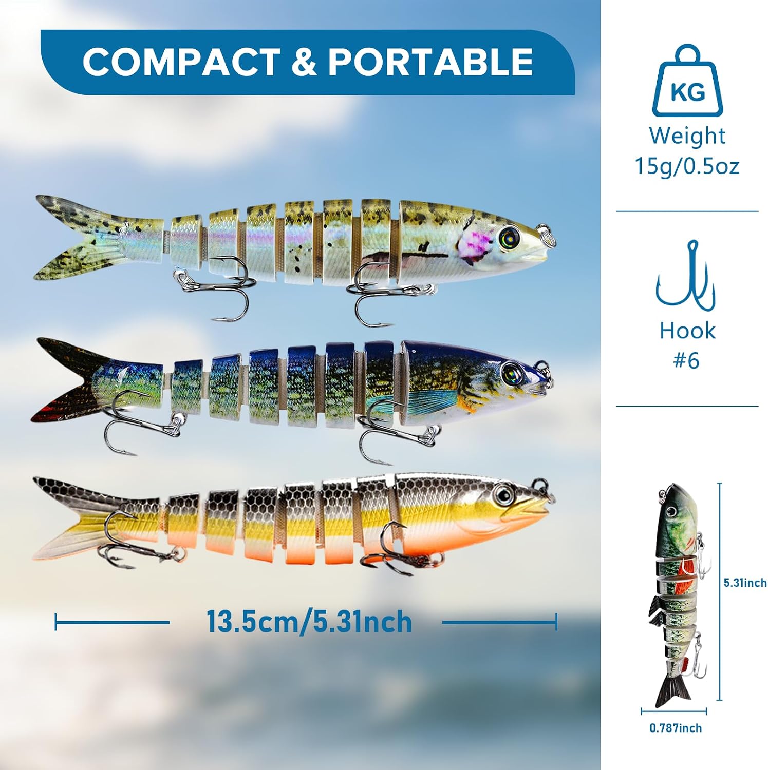 Keenjorika Multi-Jointed Swimbaits, 3 Pack Slow-Sinking Segmented Fishing Lures with Rattle and Treble Hooks for Bass, Trout, Pike and Walleye, Freshwater and Saltwater