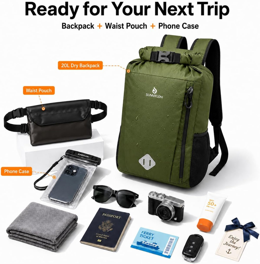 Dry Bag Backpack, 20L Dry Bags Waterproof with Waist Pouch and Phone Case,Roll top Dry bag for kayaking,Marine dry bag for Kayaking,Beach, Rafting, Boating, Hiking, Camping and Fishing