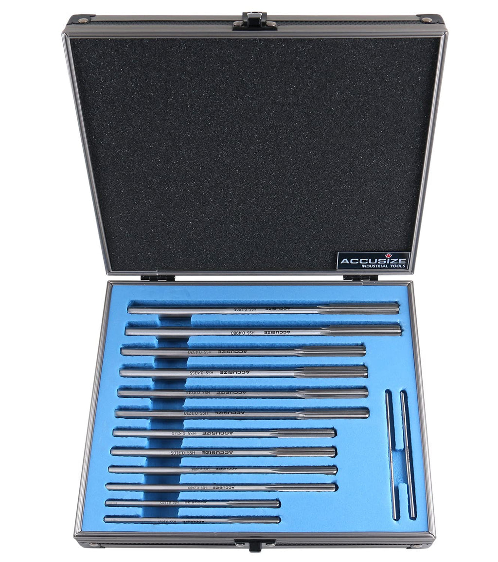 Accusize Industrial Tools Dowel Pin Reamer Size: 0.1230" Thru 0.4995", HSS M2 Premium Chucking Reamer Set, Right Hand Cut, 14 pcs Set, 5528-ST00