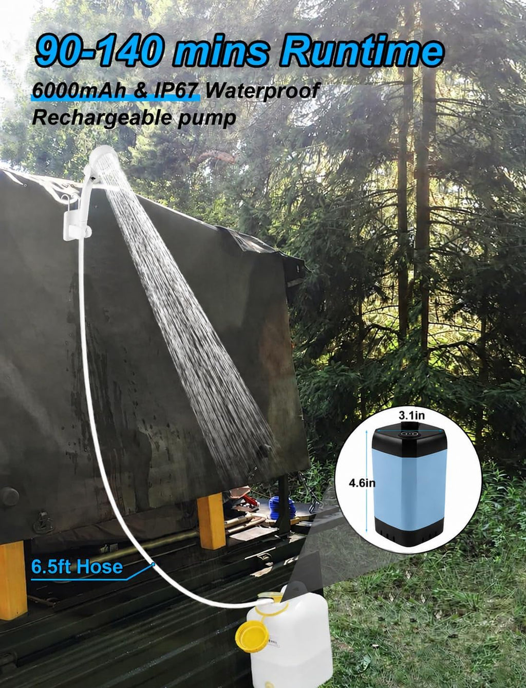 innhom Portable Shower for Camping, 6000mAh Rechargeable Camp Shower Pump with LED Display, IPX7 Waterproof & 2 Spray Modes Electric Outdoor Shower for Hiking, Travel, Car Washing, Pet Bathing