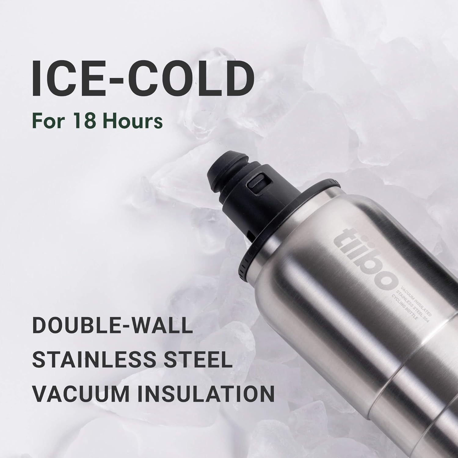tiibo Vacuum Insulated Stainless Steel Bike Water Bottle, Double Wall, No-Squeeze, Fast Flow Sport Nozzle, Designed for Cycling, Biking, Fitness & Sports, Fits Most Bike Cages (Brushed, 23OZ)