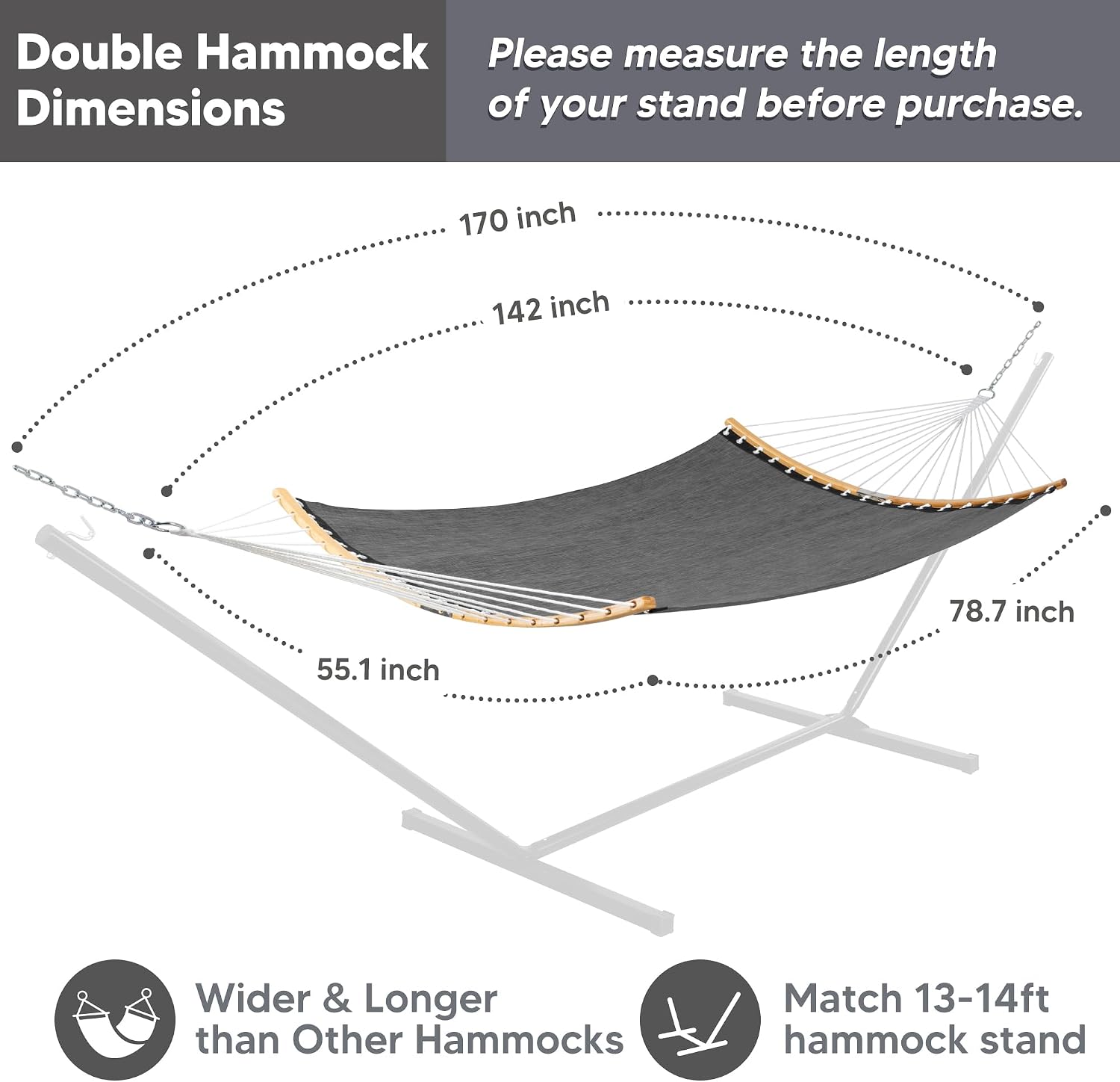 SUNCREAT Portable Double Outdoor Hammock, 450lbs Capacity, Dark Gray