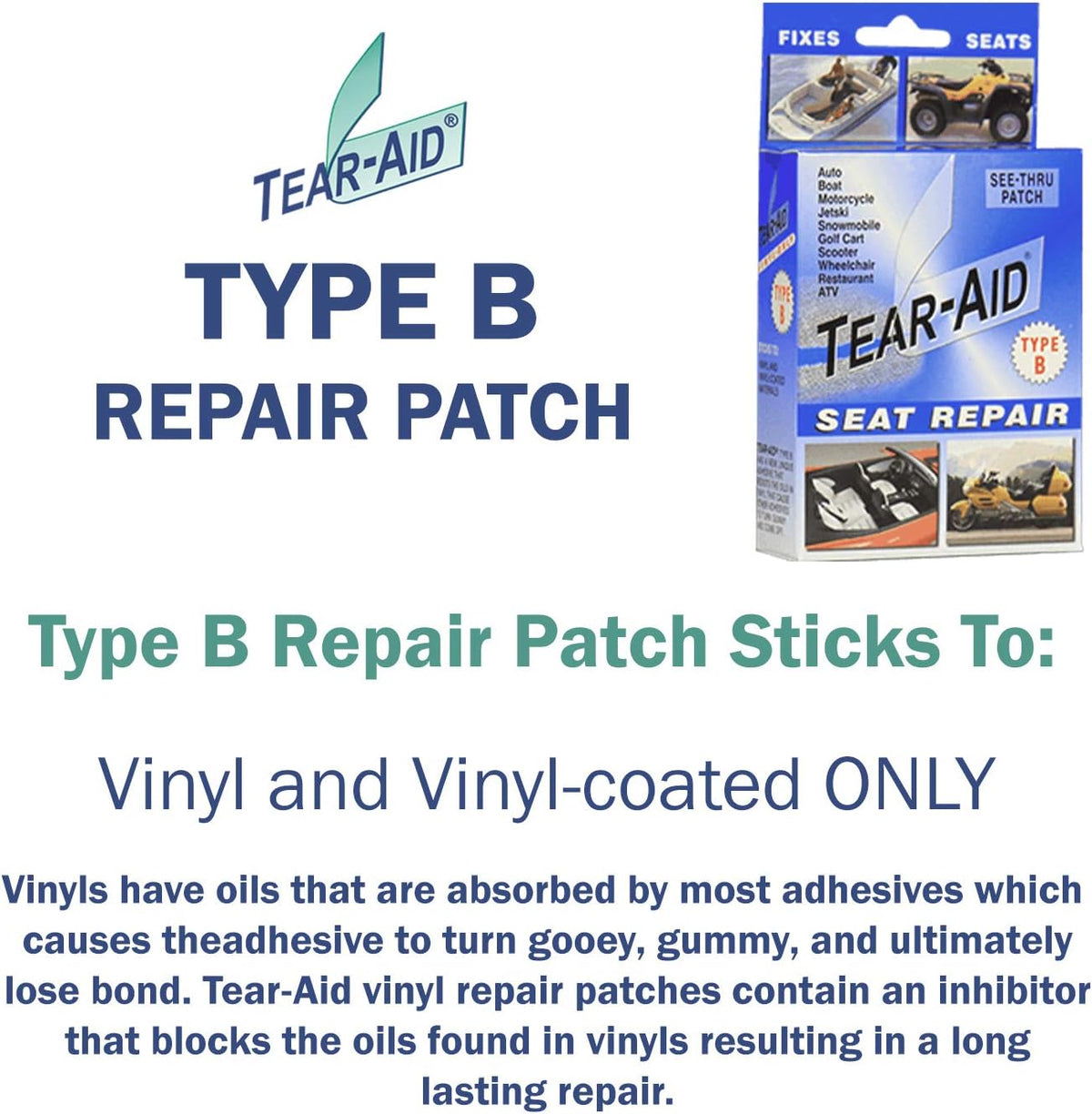 Tear-Aid Vinyl Seat Repair Kit, Type B Clear Patch for Vinyl and Vinyl-Coated Materials, Works On Cars, Motorcycles, Jetski, Boats & More, Blue Box